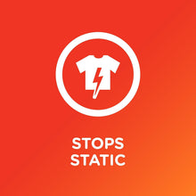 A white circular icon with a t-shirt and lightning bolt above the words 'STOPS STATIC' on a red-to-orange gradient background.