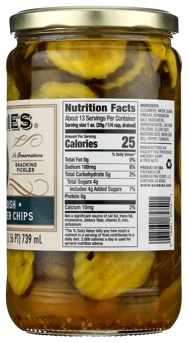 Bubbies Horseradish Bread and Butter Chips nutrition facts ingredients and UPC