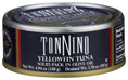 A can of Tonnino Yellowfin Tuna solid pack in olive oil, featuring a navy blue label with white text and red accents, on a white background.