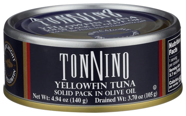 A can of Tonnino Yellowfin Tuna solid pack in olive oil, featuring a navy blue label with white text and red accents, on a white background.