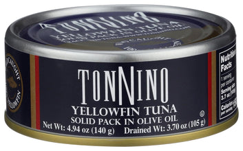 A can of Tonnino Yellowfin Tuna solid pack in olive oil, featuring a navy blue label with white text and red accents, on a white background.