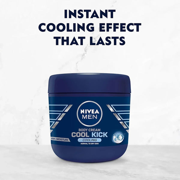 NIVEA Men Cool Kick Body Cream 13.5 fl oz (400 mL) - jar front with 48h moisture claim