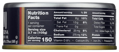 Close-up of a tuna oil can label showing nutrition facts, with a dark navy and black background and white text.