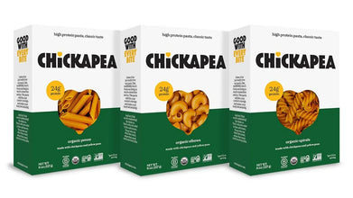 Three boxes of Chickapea organic high protein pasta featuring penne, elbows, and spirals.