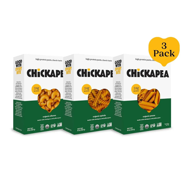 Three-pack of Chickapea organic pasta, elbows, spirals, and penne, high protein, 24g protein per serving.