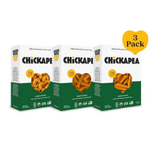 Three-pack of Chickapea organic pasta, elbows, spirals, and penne, high protein, 24g protein per serving.