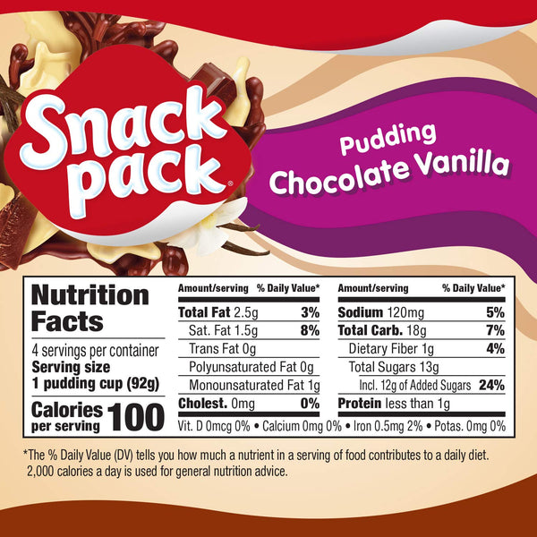Snack Pack Chocolate Vanilla Pudding nutrition facts label and product imagery.