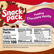 Snack Pack Chocolate Vanilla Pudding nutrition facts label and product imagery.