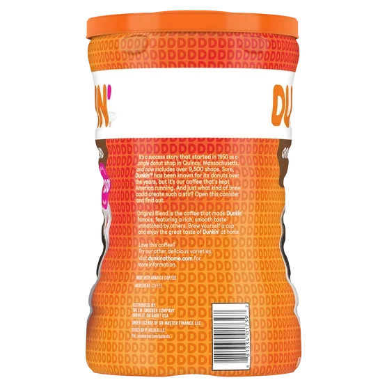 Dunkin' Original Blend ground coffee canister, orange packaging with brand story, made with Arabica coffee