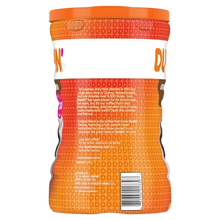 Dunkin' Original Blend ground coffee canister, orange packaging with brand story, made with Arabica coffee