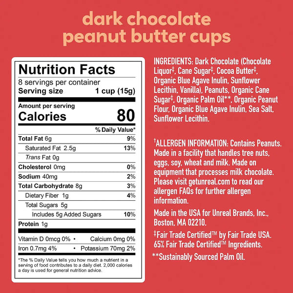 UNREAL Dark Chocolate Peanut Butter Cups 4.2 oz - back label ingredients