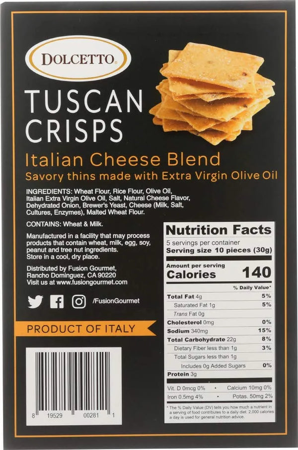 Dolcetto Tuscan Crisps Italian Cheese Blend nutrition label