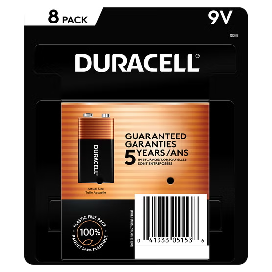 Duracell 9V alkaline batteries 8 pack back package with UPC