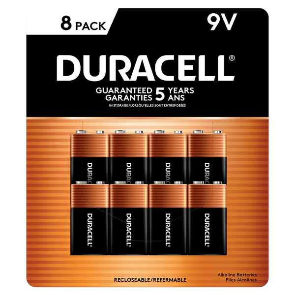 Duracell 9V alkaline batteries 8 pack front package