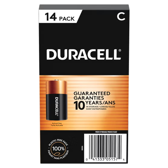 Duracell C alkaline batteries 14 count back package with UPC