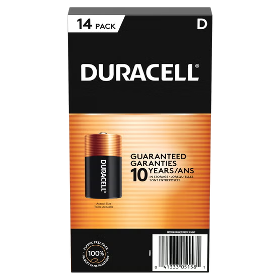 Duracell D alkaline batteries 14 count back package with UPC