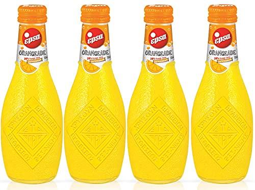 Four EPSA Orangeade glass bottles with orange caps, imported premium beverage for refreshment