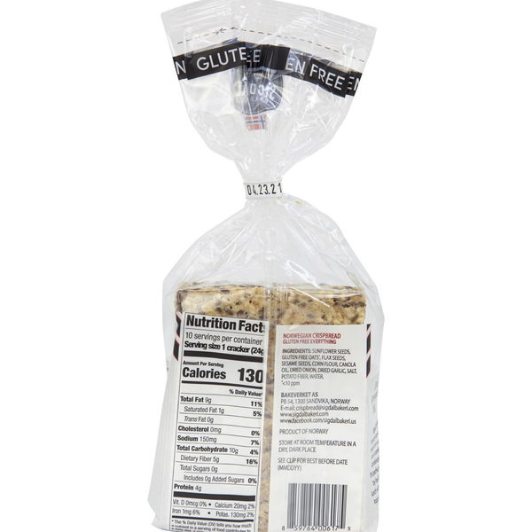 Sigdal Bakeri Gluten Free Everything Norwegian Crispbread | Baked with Garlic & Onion | Non GMO, Vegan, Sugar Free, High Fiber, Low Carbs, High Protein | 8.29 oz (235g) (Pack of 1)