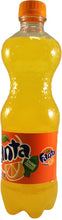 Bottle of orange Fanta soda with orange cap and label, isolated on white background