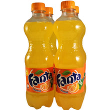 Four bottles of Fanta orange soda with orange caps on a white background
