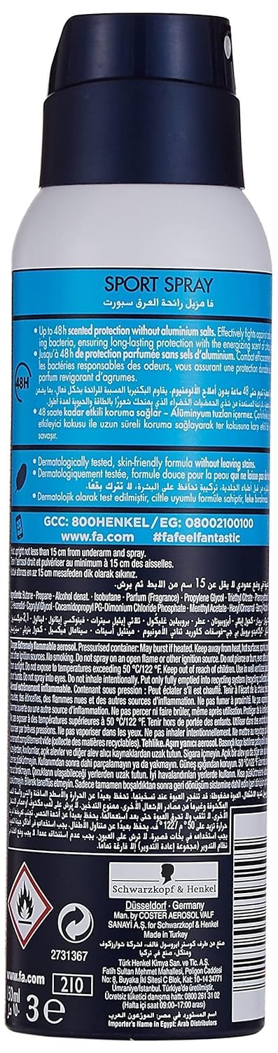 Fa Sport Men Deodorant Spray 150ml – 48H Protection, Fresh Citrus & Marine Scent, No Aluminum Salts