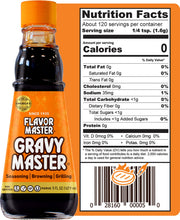 Flavor Master Gravy Master browning and seasoning bottle with nutrition facts label.