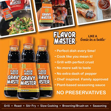 Three bottles of Flavor Master Gravy Master plant-based seasoning sauce with cooked meat examples.