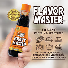 Flavor Master Gravy Master seasoning and browning sauce bottle held in hand.
