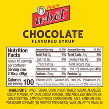 Fox's U-Bet Chocolate Flavored Syrup nutrition label with ingredients and serving info on yellow background