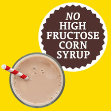 Chocolate milkshake with red and white straw, no high fructose corn syrup, on yellow background