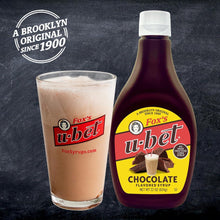 Fox's u-bet chocolate syrup bottle and glass of chocolate milkshake, Brooklyn original since 1900