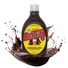 Fox's u-bet Chocolate Flavored Syrup bottle with rich chocolate splash, no high fructose corn syrup