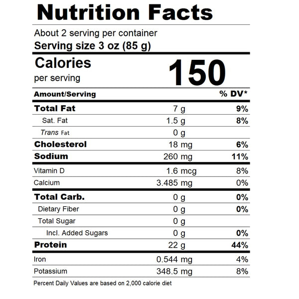 Nutrition facts label for a food product with serving size, calories, and various nutrients listed.