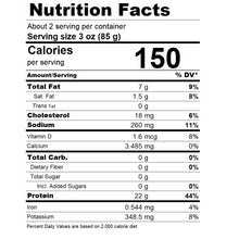 Nutrition facts label for a food product with serving size, calories, and various nutrients listed.