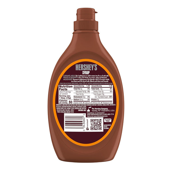 Back view of a Hershey's Caramel Syrup bottle showing the nutrition facts label and barcode.