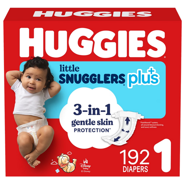 Huggies Little Snugglers Plus Size 1 192 count diaper box