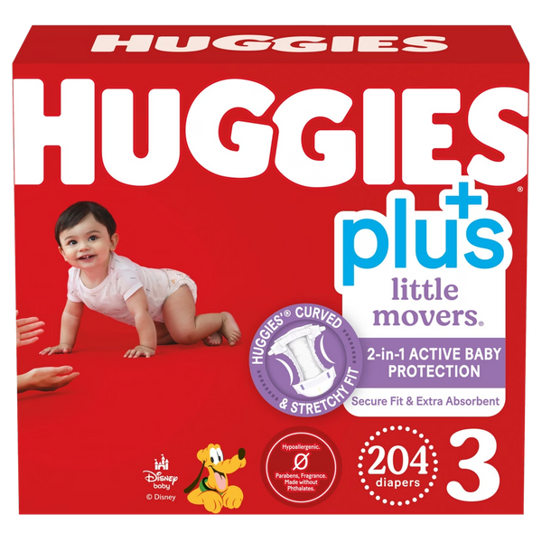 Huggies Plus Little Movers Size 3 204 count diaper box