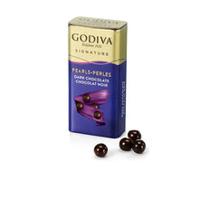 Godiva Signature Dark Chocolate Pearls in elegant gold and purple tin, premium imported treat