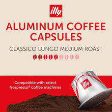 Aluminum coffee capsule on ground coffee, labeled classico lungo medium roast, compatible with select machines