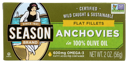 Season Brand Flat Fillet Anchovies in 100% Olive Oil – 2 oz