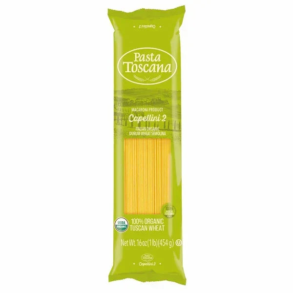 Package of organic Tuscan wheat capellini pasta, 16oz, green wrapper