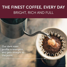 Pour over coffee brewing with dark roast grounds and gooseneck kettle, energetic profile