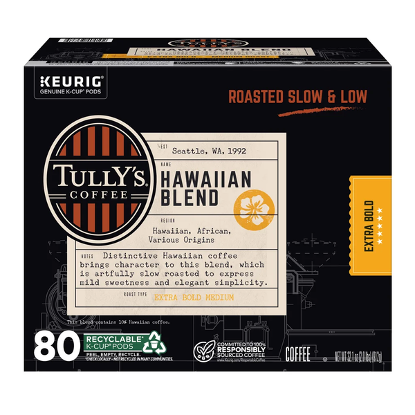 Tully's Coffee Hawaiian Blend Medium Roast K-Cup Pods, 80 CT