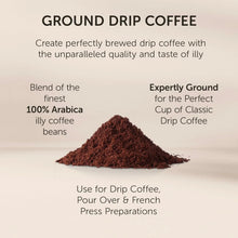 Pile of ground coffee with text describing 100% Arabica drip coffee, suitable for pour over and French press.