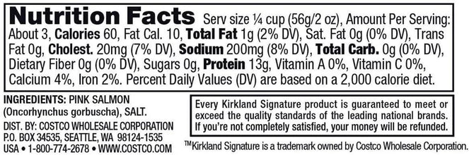 Nutrition facts label for pink salmon, showing calories, protein, fat content, and ingredients.