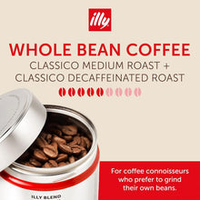 Open canister of whole bean coffee, Classico medium roast and decaffeinated blend highlights.