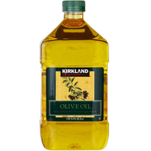 Large plastic bottle of Kirkland Signature olive oil, labeled with olive branch illustration