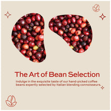Fresh red coffee beans in bean-shaped cutouts with text about hand-picked coffee selection.