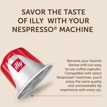Illy coffee capsule compatible with Nespresso machines, on beige background with product info text