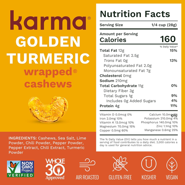 Karma Golden Turmeric Wrapped Cashews 7oz | Air Roasted